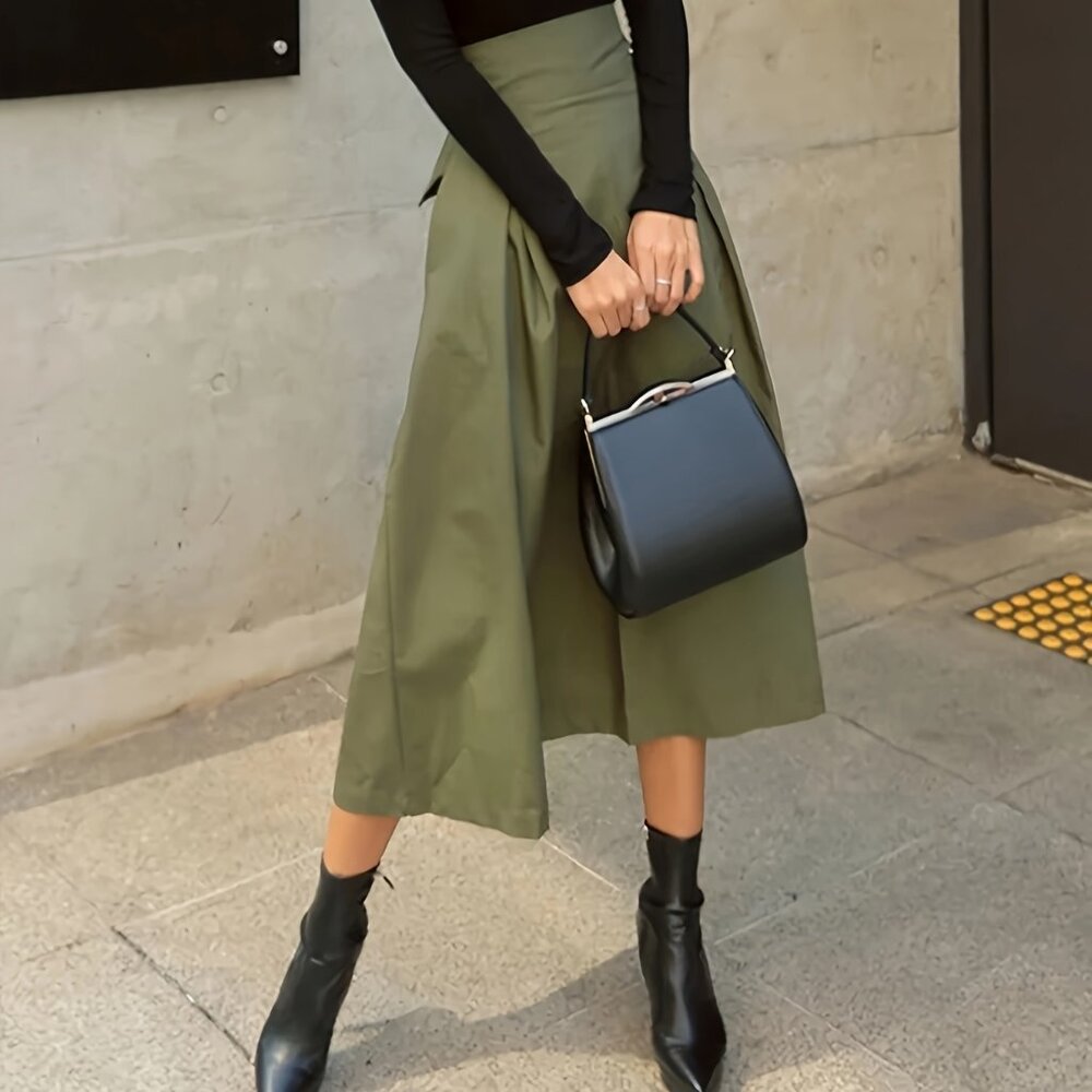 Elegant Army Green Polyester A-Line Skirt with Belt - Picture 3 of 7